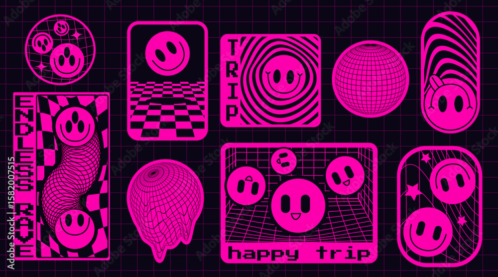 Praca wektorowa bez tantiem: Hot pink rave sticker pack with smiling ...