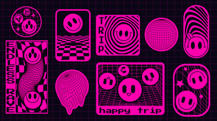 Poster - Hot pink rave sticker pack with smiling faces - circular globe design, checkered card, trippy vortex badge, groovy twisted mesh teardrops, happy trip box with emoticons for party and techno events.