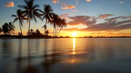 Wall Mural - serene sunset over calm water with silhouetted palm trees. warm golden light reflects on the water's