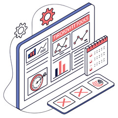 Poster - Isometric illustration of a dashboard with charts graphs and a calendar with gear icons displayed on top