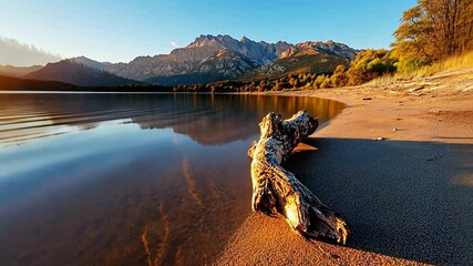 Wall Mural - sunset over a serene lake with mountains in the background, a weathered driftwood log rests on the s