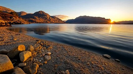Wall Mural - sunset over a calm lake, with golden light illuminating rocky shoreline and a small pile of stones i