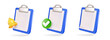 © lightgirl - 3d blue clipboard icons with blank sheet of paper isolated. Render clipboard with 3d document for notes, contracts, schedule, work planning, checkmark and bell notification.
