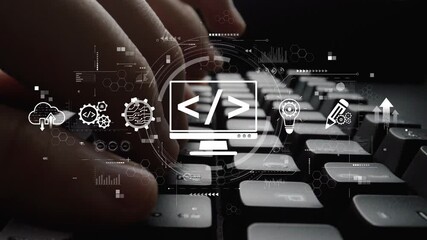 Fototapete - Modern web development concept featuring coding symbols, web development process, web development interface, and web development tools with futuristic design. Muxer