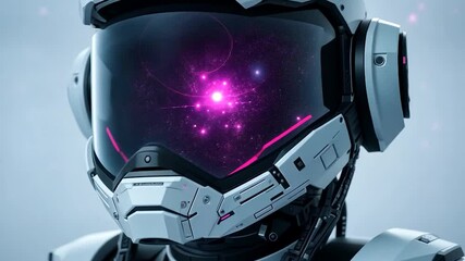 Close-up profile view of a futuristic robot helmet against a light blue background. The helmet's visor displays a swirling nebula of pink and purple lights against a dark backdrop.  The helmet is