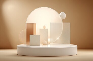 Aufkleber - Minimalist beige and white 3D rendered scene featuring geometric shapes, spheres, and a circular glass element on a round platform, illuminated by soft light