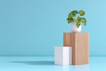 Aufkleber - Minimalist scene  A potted plant rests atop a light wood slatted cube, which sits on a smaller white cube against a pale blue backdrop.  Soft shadows cast on the floor