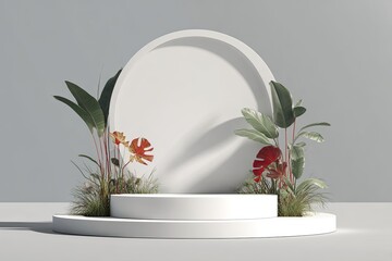 Aufkleber - Minimalist white circular podium with two-tiered platform, surrounded by lush tropical greenery, including red and orange flowers and broad leaves, against a light gray background