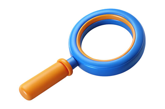 Stylized 3d magnifying glass with blue and orange colors isolated on transparent background
