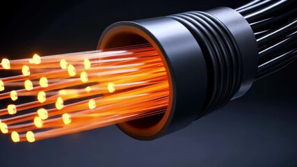 Poster - Glowing fiber optic cables creating a vibrant display in a dark environment, Glowing fiber optic cable