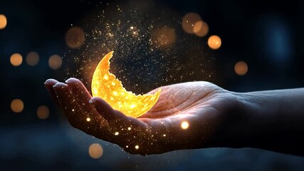 Wall Mural - A hand gently cradles a luminous crescent moon, glowing with warm light against a dark, bokeh-filled background. The image evokes a sense of wonder and magic