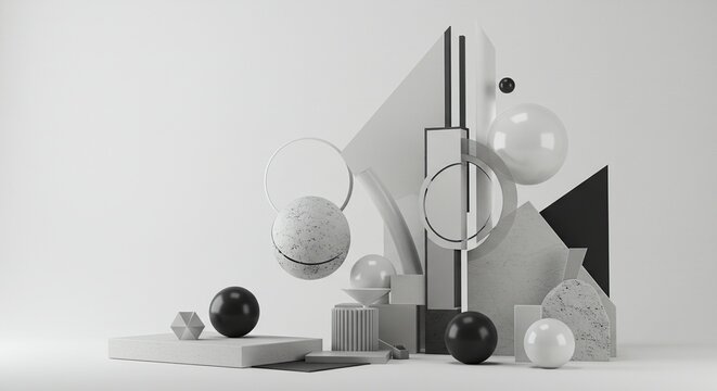 Geometric composition showing abstract shapes like spheres, circles, triangles, and blocks in neutral white and gray colors creating a modern aesthetic