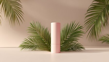 Aufkleber - Pale pink cylindrical container, subtly textured, centered against a muted beige backdrop, flanked by lush green palm fronds casting soft shadows