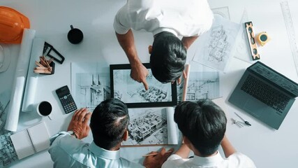 Poster - top down view of professional manager look at plan while designer hold blueprint while present proje
