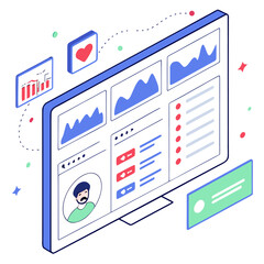 Poster - Modern isometric illustration of a digital dashboard displaying graphs charts user profile and social media engagement metrics with likes and comments for business analytics and data visualization