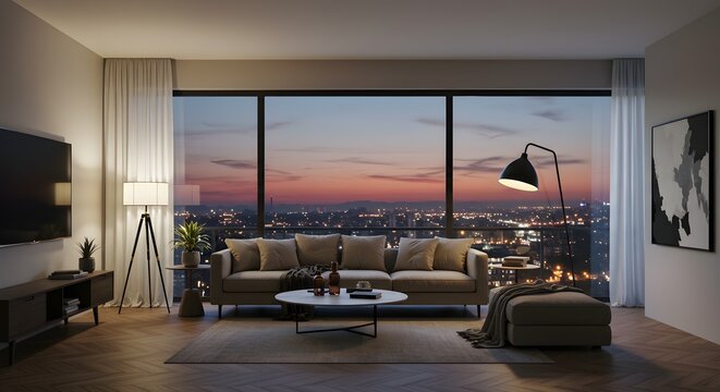 Luxury Apartment Living Room with City View at Sunset