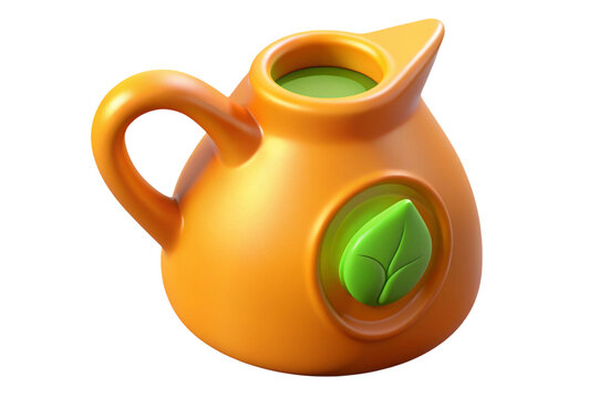 Stylized orange pitcher with green liquid and leaf emblem isolated on transparent background