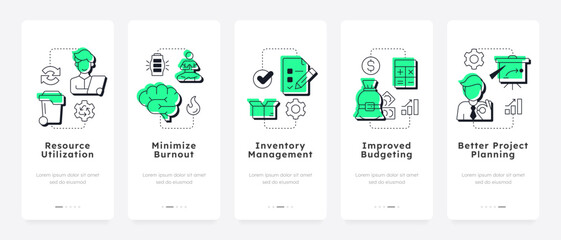 Poster - Benefits of capacity management mobile app onboarding screens. Corporate planning to improve efficiency. Flat UI UX design, green highlight with outline icons conceptual. Lexend font used