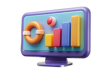 Fototapete - 3d cartoon computer screen displaying colorful business growth charts and icons isolated on transparent background