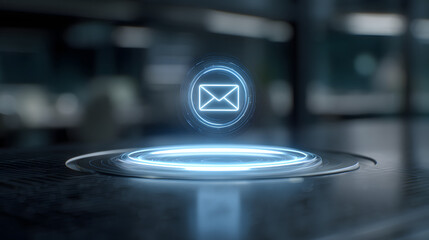 Illuminated Email Icon: A futuristic, glowing email icon hovers elegantly above a sleek, metallic surface, its soft blue glow contrasting against a subtly blurred background.