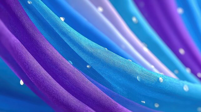 Flowing, layered fabric with water droplets in cool tones
