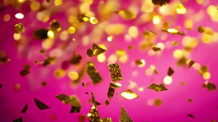 Poster - Golden confetti falling gracefully on a vibrant pink background for festive celebrations, Golden confetti falling on pink background