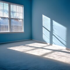 Fototapete - Sunlight casts shadows on a room with white blinds. A minimalist interior shot of a corner room, bathed in the soft light of the day.