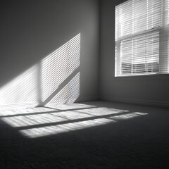 Fototapete - Sunlight casts shadows on a room with white blinds. A minimalist interior shot of a corner room, bathed in the soft light of the day.