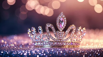 Poster - Sparkling tiara resting on a glittery background illuminated by soft bokeh lights, Sparkling tiara on glittery background with bokeh effect