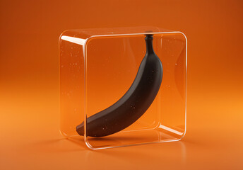 Poster - dark banana inside plastic container on bright background . Generative AI