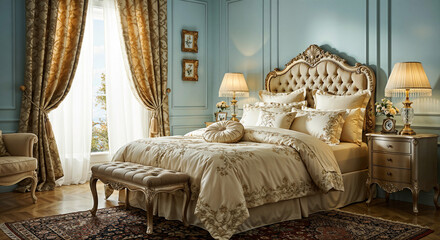 Poster - interior luxury bedroom richly decorated in antique style . Generative AI