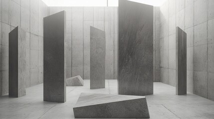 Poster - Abstract grayscale image of a minimalist concrete room featuring various geometric shapes, creating a sense of space and serenity