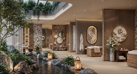 Poster - luxury interior of a huge spa complex with a swimming pool and sun loungers . Generative AI