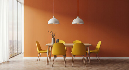 Poster - minimalist kitchen table and chairs interior in bright colors . Generative AI