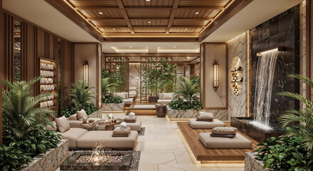 Poster - luxury interior of a huge spa complex with a swimming pool and sun loungers . Generative AI