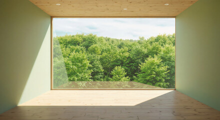 Poster - minimalist interior of a bright room with a natural landscape outside the window . Generative AI