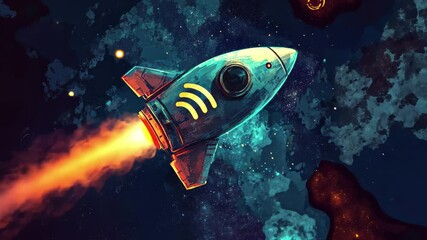 Poster - Cosmic Space capsule equipped with WiFi icon journeys through the depths of the universe, Space capsule with WiFi icon, exploring cosmic depths,