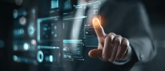 Poster - Finger touching holographic interface showcasing security and data visualization