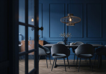 Poster - minimalist kitchen table and chairs interior in bright colors . Generative AI