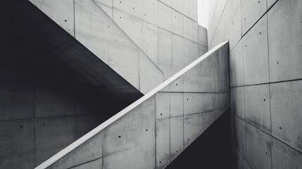 Poster - Abstract monochrome image of intersecting concrete architectural elements, showcasing geometric patterns and interplay of light and shadow within a modern structure