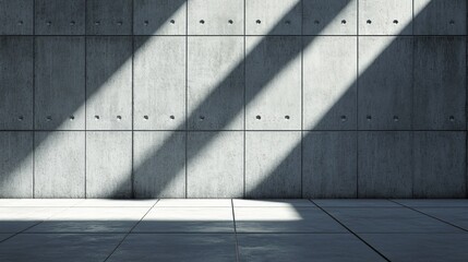 Poster - Sunlit concrete wall and tiled floor, minimalist interior with diagonal shadows
