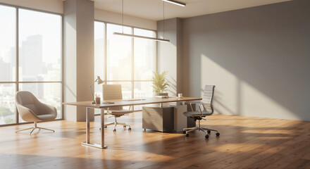 Poster - minimalist interior of a spacious office space . Generative AI