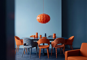Poster - minimalist kitchen table and chairs interior in bright colors . Generative AI