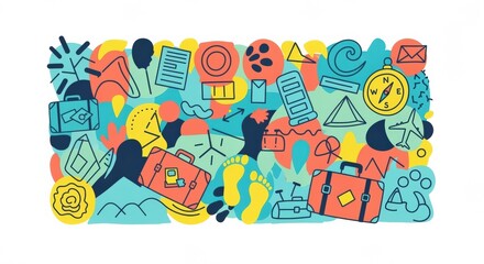  Flat abstract doodle travel tourism background - playful vacation concept