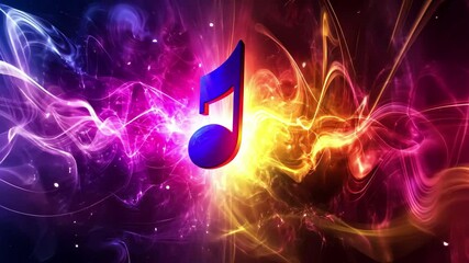 Poster - Colorful sound waves radiate from a central music note creating a vibrant visual display, Sound waves with central music note in colorful radiance ing video background