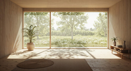 Poster - minimalist interior of a bright room with a natural landscape outside the window . Generative AI