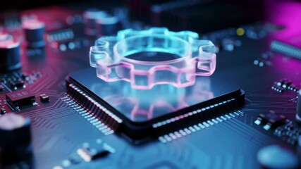 Poster - Clear Gear on Computer Chip with Pink and Blue Lighting Showcasing Technology