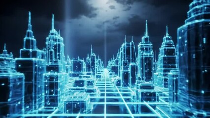Poster - Futuristic Digital Cityscape with Glowing Blue Grid and Light Streaks on Dark Cloudy Sky