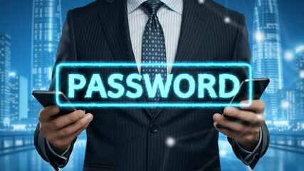 Poster - Holding Phone Displaying Password in Futuristic Cityscape at Night
