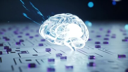 Poster - Luminous White Brain on Circuit Board with Purple Components and Blue Bokeh Dots for Innovation and Technology Concepts